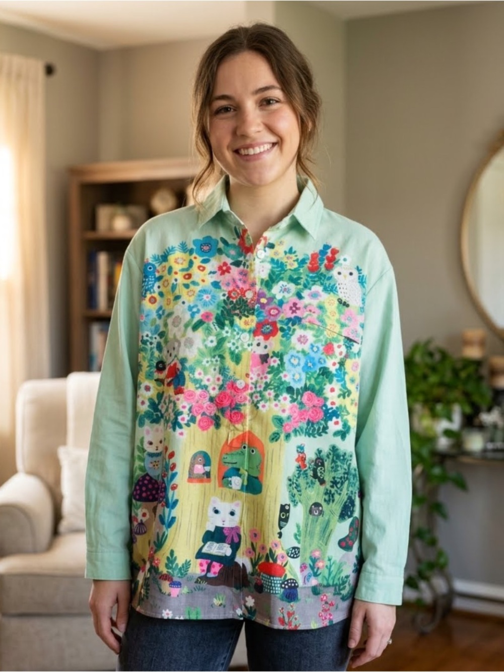 Charming Boutique Green Floral Storybook Button-Half Down Blouse 💚 NWOT size M